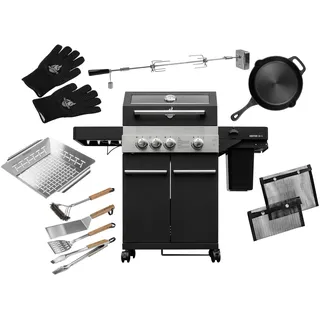 FEUERGOTT Gas-Grillstation Hektor 3B-S BBQ-Set mit Abdeckhaube, Drehspieß, Grillzubehör, 2 Brenner, Infrarotbrenner, Seitenkocher, Gusseisenrost, Innenbeleuchtung