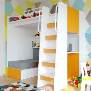Marlux-Meble Hochbett JSM-7 90x200 TREPPE RECHTS mit Schreibtisch Schränke und Ausklappbares Sofa 70x180 Matt Funktionsbett Etagenbett Stockbett Kinderhochbett Jugendhochbett (Orange Matt)