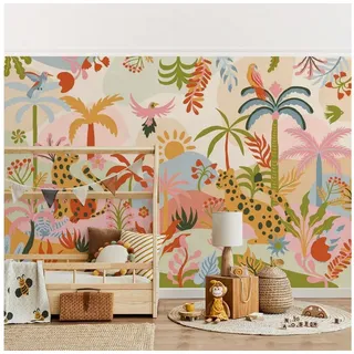 Bilderdepot24 Kindertapete Leoparden im bunten Dschungel Kinderzimmer Safari Tiere, Glatt, Matt, (Vliestapete inkl. Kleister oder selbstklebend), geruchsfreie Tapete Kinderzimmer bunt 1.92 m x 1.27 m