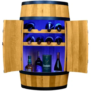 CREATIVE COOPER Weinregal Holz mit Tür mit LED RGB - Weinliegen - Alkoholschrank Flaschenregal - Holzfass - Fassmöbel - Weinfass - Weinbar - Fass bar mit Tür - 80 cm Eiche