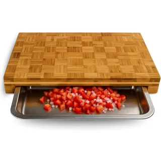 Schneidebrett Holz mit Auffangschale – Großes Premium Bambus Schneidbrett – Frankfurter Brett–(40x30x6cm) Holzbrett mit Auffangschale aus Edelstahl-Einweihungsgeschenk Haus/Wohnung