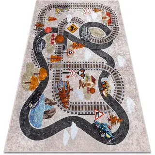 RugsX Teppich Junior 51986.803 Schienen, Lokomotive für Kinder Anti-rutsch - Grau 80cm 150cm