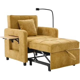 2-in-1 Schlafsessel In Senfgelb Chenille Mit Kissen Und Ablageflächen