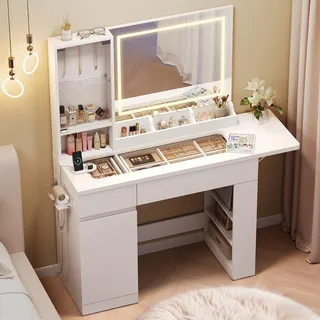 Dripex Schminktisch mit LED Spiegel, transparenter Glasplatte, Vanity Desk Frisiertisch, weiß