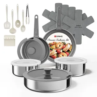 Sanho Topfset mit Abnehmbarer Griff, 21Teilig Antihaft Keramik Pfannenset | Induktion Kochtopf Set mit Deckel, PTFE/PFAS/PFOA frei, Backofen&Spülmaschinenfes, Ideal für Zuhause,Camping