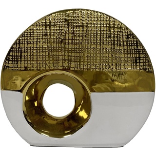 Tischvase aus Keramik mit Loch in Gold und Weiß, glänzend, 6 x 21 x 18 cm