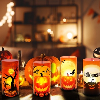 Halloween Deko Teelichter, 8 Stück Halloween Windlicht Tischdeko, Horror Halloween Kerze Lichthülle mit Kürbis Skorpion Krähe Totenkopf Spinne-Muster für Teelichter, LED Lichter oder Kerze(B)