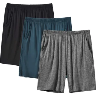 MoFiz Damen Schlafanzughose Kurz Pyjamahose Weich Modal Nachtwäsche Sommer Schlafshorts 3 Pack Blau/Schwarz/Dunkelgrau XXL - XXL
