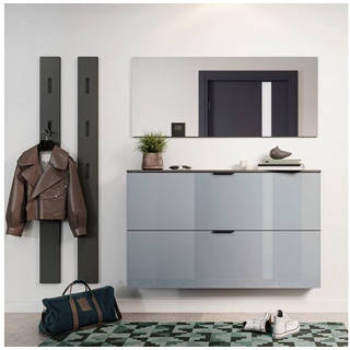 GERMANIA Garderoben-Set Valega, (4-St), Schuhschrank mit Glasfronten, Spiegel und zwei Garderobenpaneelen grau|silberfarben