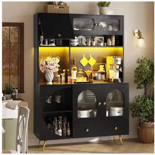 Odikalo Küchenbuffet Küchenschrank Buffetschrank mit LED und USB (mit LED-Beleuchtung, Hoher Küchenschrank mit USB-Anschlüssen und Steckdosen, Hochschrank für Küche & Wohnzimmer, Aufbewahrungsschrank mit Lochwand, Schublade & Glasböden) 120×40×176cm schwarz