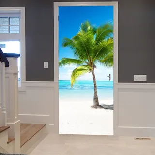A.Monamour Türtapete Selbstklebend Türfolie Türposter 3D Tropischer Blauer Meeresstrand Mit Weißem Sand Und Kokospalmen Vinyl Folie Türdeko Tapete Wandbild Türaufkleber Türtattoo 77x200cm