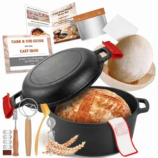 Gusseisen Topf Brot Backen Dutch Oven, 26cm Brotbackform für Brotbacken | Brotbackform mit Banneton Brot Gärkorb, Sauerteig Brotbacken Zubehör, 2-in-1 Brotbacktopf Sauerteig Starter Set