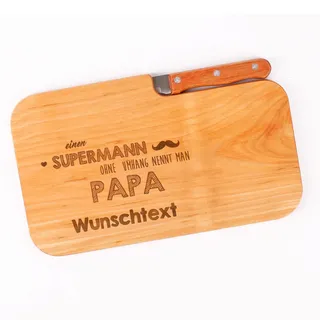 Cera & Toys® Frühstücksbrettchen Set mit Messer zum Vatertag mit Wunschtext Gravur Papa als Supermann