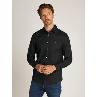Businesshemd TOMMY HILFIGER "FLEX POPLIN KENT COLLAR SF SHIRT", Herren, Gr. XL, N-Gr, schwarz, Popeline, Obermaterial: 100% Baumwolle, unifarben, casual, slim fit hüftlang, Langarm 1-Knopf-Manschette, Hemden, mit Logostickerei