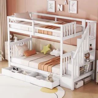 Kinderbett 90x200cm Etagenbett (Ohne Matratze) Treppenregal ausgestattet Elegantes Design mit zwei Schubladen hohe Geländer weiß - Weiß