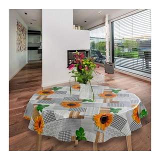 laro Tischdecke Wachstuch-Tischdecken Abwaschbar Sonnenblumen Gelb Grau Rund 140cm weiß