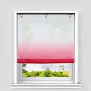 Heichkell Voile Raffrollo ohne Bohren Transparent Raffgardine mit Ösen Farbverlauf Fenstergardine Hakenaufhängung Modern Ösenrollo Vorhänge Rot BxH 80x130cm