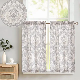 TOPICK Scheibengardine Leinen Vorhang Vintage Bistrogardine Landhaustil Blumen Bedruckt Gardine Geblümt Scheibengardinen Blickdicht für Küche Wohnzimmer Landhaus 2er-Set Grau auf Beige 65B x 115H(cm)