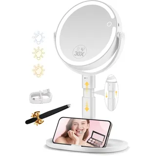 MOMOKUBA Kosmetikspiegel mit Beleuchtung, Schminkspiegel mit Beleuchtung Höhenverstellbarer, Vergrößerungsspiegel mit Licht 30-Fach, Doppelseitig 360° Drehbar, 3 Farbiger Rund Spiegel mit Licht Weiß