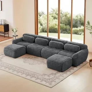 4-Sitzer Sofa + 2 Hockern U-förmiges mit Kissen, montagefrei, rahmenloses modulares Design, Rutschfester Boden, Plüschstoff für Wohnzimmer, Schlafz