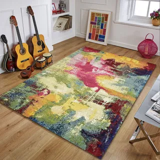 Rururug Rechteckig Teppich Wohnzimmer Kurzflor mit Antirutschmatte Schlafzimmer Waschbar Teppiche Anti-Rutsch Unterseite fürs Sofa, Abstraktes buntes grünes rosa Gelb 120 x 150 cm
