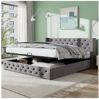 Odikalo Stauraumbett Polsterbett Funktionsbett Nieten Flanell 140-180x200 Grau Beige grau 160 cm x 200 cm