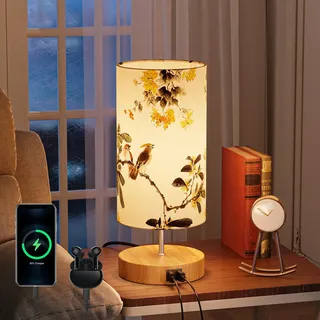 GPATIO Nachttischlampe, Touch Dimmer mit Ladefunktion USB Anschlüssen. | 3-Fach Dimmbar, Vogel Stoffschirm für Deko, 2 USB-Ports, Tischlampe mit Kabel, Lampe für Wohnzimmer Schlafzimmer Babyzimmer.