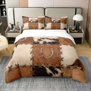 100% Natürliche Baumwolle Western Rindsleder Bettbezug für Jungen,Gold Texas Stern Hufeisen Bettwäsche Set,Farm Tier Kuh Tröster Bezug,Rustikale Bauernhaus Cowboys Bett Sets mit 1 Kissenbezug,135x200