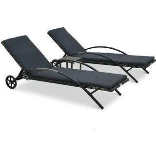 Makastle 2-er Set Sonnenliege mit Rollen Relaxliege Gartenliege mit abnehmbarem Kissen & Armlehnen, aus Stahl und PE-Rattan, Gartenliegestuhl Gartenstuhl mit Tisch, Anthrazit 200 x 65 x 39 cm