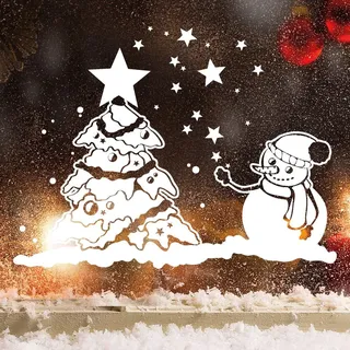 Wandtattoo Loft Fensterbild „Schneemann mit Weihnachtsbaum“ OHNE hässliche Hintergrundfolie, 2 Größen zur Auswahl Fensteraufkleber Weihnachten Dekoration / 55 cm hoch x 73 cm breit