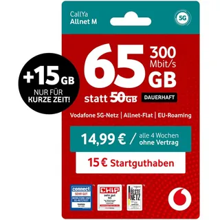Vodafone CallYa Allnet M Prepaidkarte, (65 GB statt 50 GB, 15 € Guthaben, ohne Vertrag, 5G, Allnet-Flat) rot