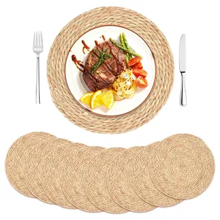 8 Stück Tischset Rund, Platzset aus Wasserhyazinthe Handgewebt Platzdeckchen, Boho Tischuntersetzer Natur Tischsets Platzsets Telleruntersetzer für Esstisch, Küche, Boho Deko (35cm)