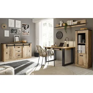 furn.design Büromöbel-Set Set, Used Wood hell, anthrazit, mit Aktenregal, Kommode Wandregal