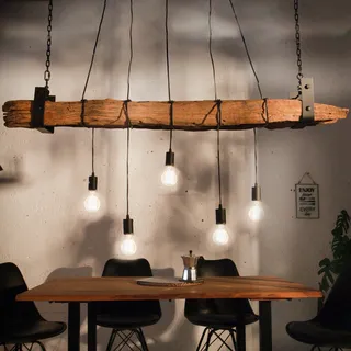 Industrial Hängelampe BARRACUDA 152cm Massivholz 5 Leuchten höhenverstellbar E27