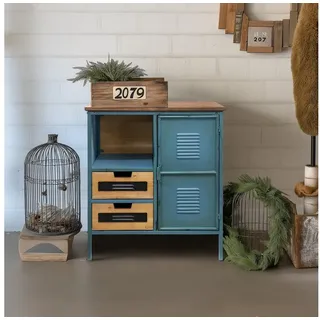 G-LEAF Kommode Sideboard in Industriestil, Retro Kommode Metallschrank mit Holzplatte (1 St), mit 2 Schubladen und 1 Tür, für Wohnzimmer, Küche, Flur blau