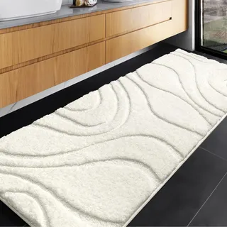 DEXDE Badteppiche, Läufer 61 x 152 cm, extra langer Badteppich rutschfest, maschinenwaschbar, Badematte, creme, weiß, weiche Teppiche für Badezimmer, Dusche