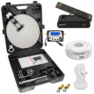 PremiumX Camping Satelliten Anlage komplett Satellitenschüssel HD TV Receiver SAT-Finder Single LNB Kabel F-Stecker im Koffer