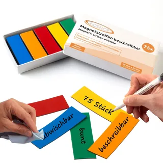 ECENCE Magnetstreifen beschreibbar 75 Stück - 60x20mm - bunt | abwischbare Magnetschilder - Magnet-Etiketten zuschneidbar für Whiteboards, Kühlschränke, Magnettafeln