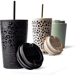 MAMEIDO Thermobecher mit Strohhalm 470 ml (Femme Fatale) | 4h heiß/12h kalt, auslaufsicher & BPA-frei mit Strohhalm- & Klappdeckel, Kaffeebecher to go aus Edelstahl – für Autohalter