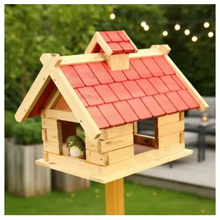 Feel2Home Vogelhaus Vogelhaus Vögelhäuschen Holz Vogelfutterhaus Futterhaus XXL Vogelvilla, Dachschindeln und Haus sind lasiert beige|bunt|rot