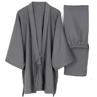 Männer Japanischen Stil Robes Crepe Baumwolle Kimono Pyjamas Morgenmantel Set-Größe L Grau - L