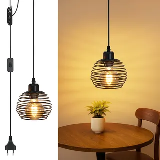 ZMH Pendelleuchte Vintage Hängelampe 1 Flammig Schwarz Industrial | Hängeleuchte mit 4 5M Kabel mit Stecker Schalter Pendellampe E27 Fassung Retro lampe hängend Wohnzimmer Küche Schlafzimmer