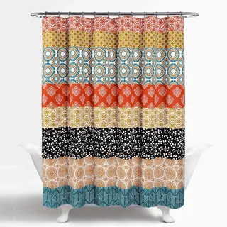 Lush Decor Bohemian-Streifen-Duschvorhang, 183 x 183 cm (B x L), Türkis und Orange, Bezauberndes und auffälliges buntes Design, perfekt für Boho-Badezimmer-Dekor