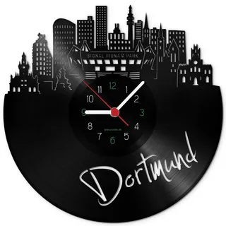 GRAVURZEILE Schallplattenuhr - Skyline Dortmund Reloaded 2018 - Wanduhr aus gegossenem Vinyl mit Stadt Skyline 30 cm - Upcycling Design Wand-Deko Vintage-Uhr Retro-Uhr - Made in Germany