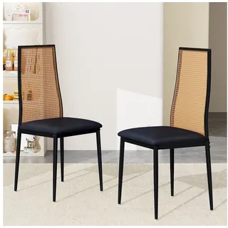 BELUPAI Esszimmerstuhl Polsterstühle Küchenstuhl mit Rattan-Rückenlehne (Set, 1 St), Metallbeine,Kunstleder,Schwarz schwarz