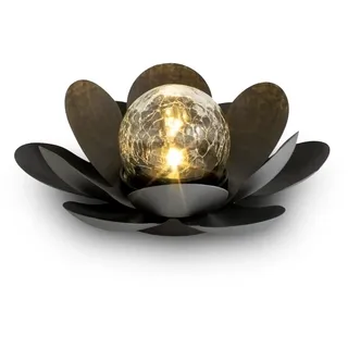 Spetebo LED Solar Lotusblüte schwarz mit Crackleglas Kugel - 24 x 10 cm - Garten Deko Kugelleuchte im Blumen Design - Outdoor Gartenkugel Dekoleuchte Lotus Solarlampe Gartendeko Bruchglas Design