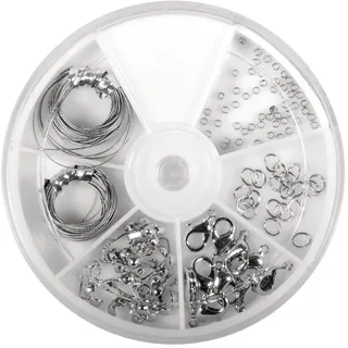 Rayher Starterset Schmuckzubehör, silber, Schmuckherstellung Set, Schmuck Reparatur Set, Schmuck basteln, Starter Kit mit Schmuckdraht, Karabinerverschlüssen, Ringeln, Quetschperlen, 2248517