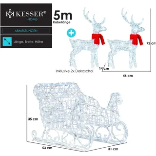 Kesser KESSER® 240er LED Rentiere mit Schlitten weiß Timer Weihnachtsbeleuchtung für außen und innen Weihnachtsfigur Weihnachtsdekoration
