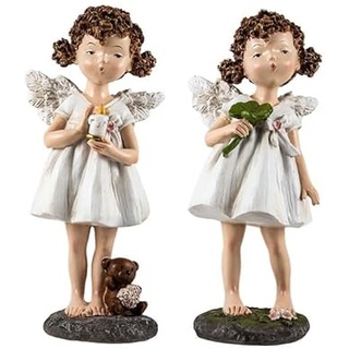 DRW 2er Set Engeln mit stehenden Locken mit Kerze und Blume 21 cm, Harz, weiß
