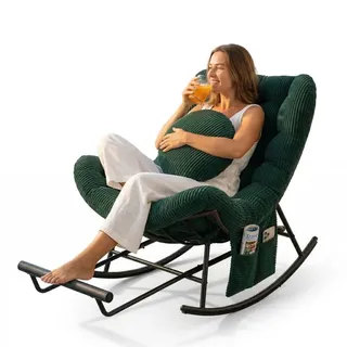 LVHOM Schaukelsessel mit verstellbarer Fußstütze, Schaukelstuhl Cordbezug, Rattanstuhl mit Stahlgestell und Seitentasche, Loungesessel, Emerald - Grün